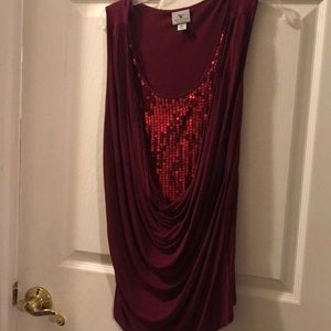 Burgundy sleeveless top with cowl neck & sequins